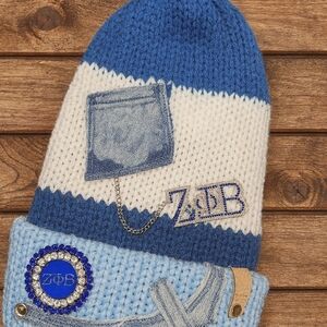 Blue and White Embellished Beanie